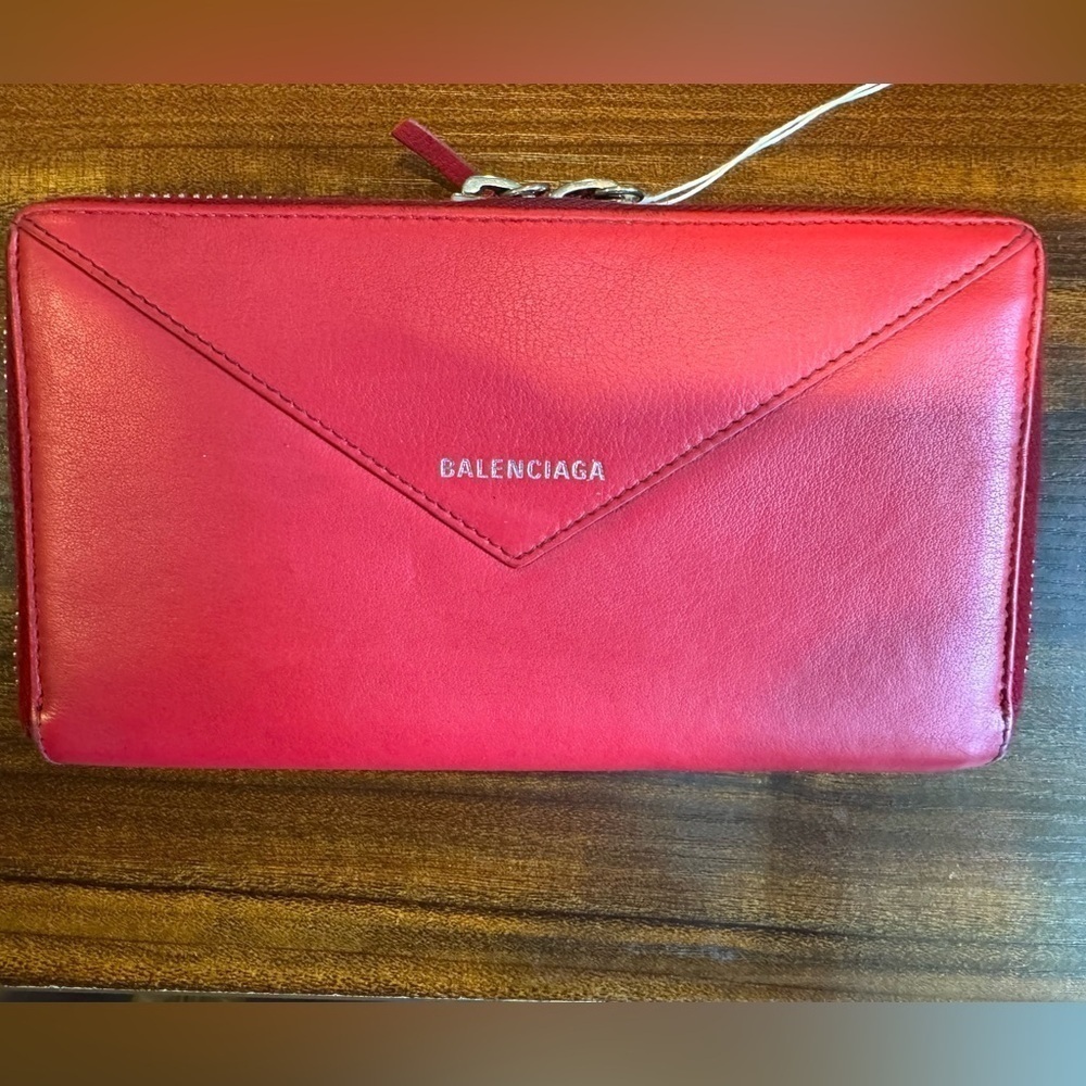 Balenciaga Red Leather “Envelope” Double Zip Continental Wallet with COA